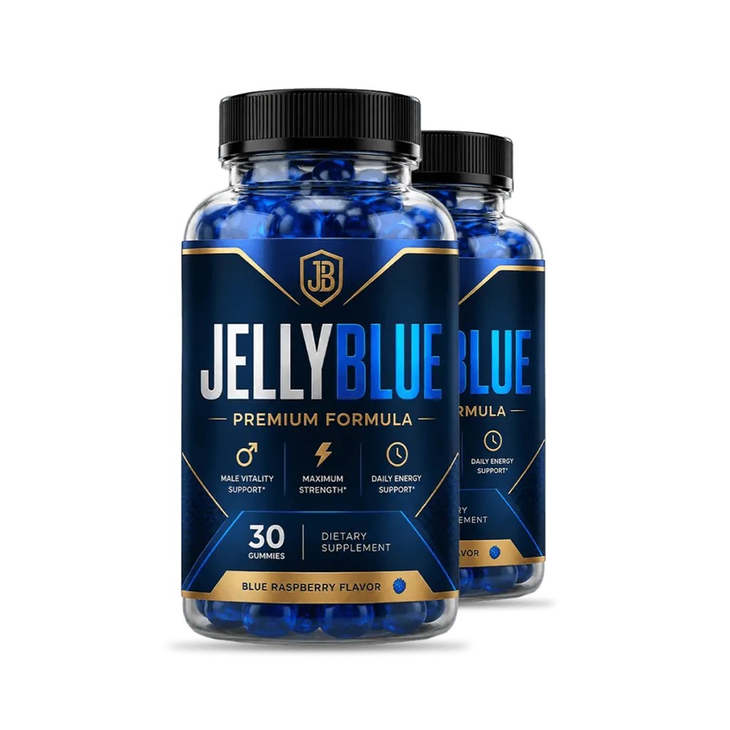 JellyBlue 2-bottle package of men's wellness gummies, a 60-day supply