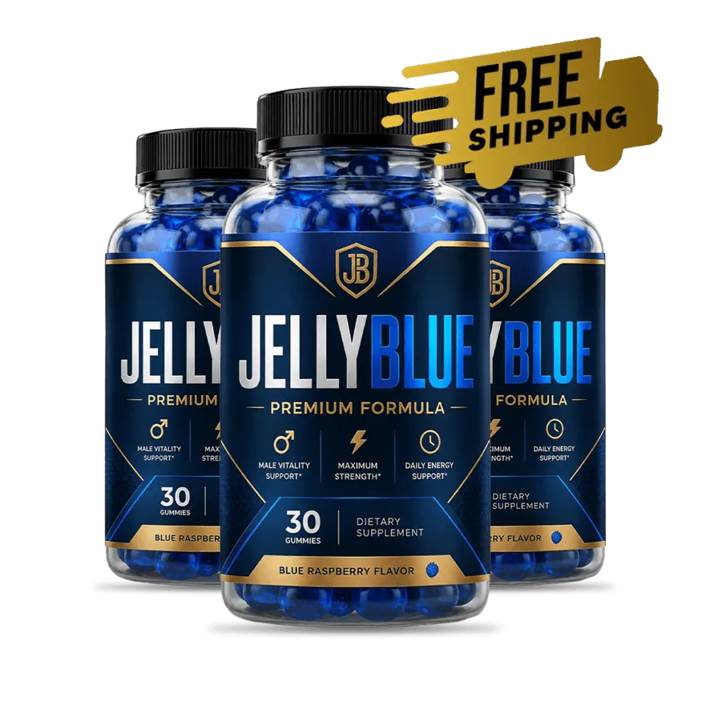 JellyBlue three-bottle package of men's wellness gummies with free US shipping