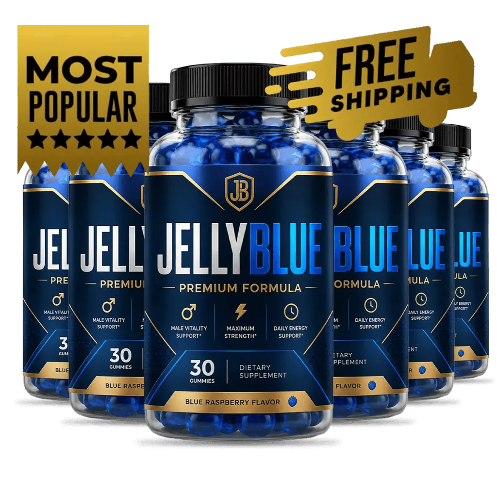 JellyBlue six-bottle package of men's wellness gummies